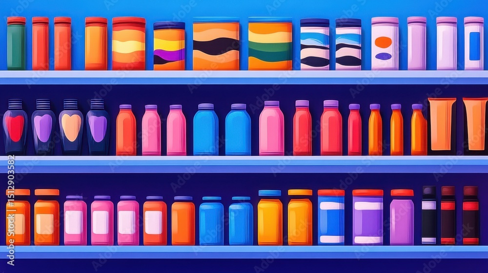 Fototapeta premium Colorful bottles and containers illustration display. Shelves with vibrant packaging and organized product arrangement. Retail display, modern abstract design, commercial, bright background,