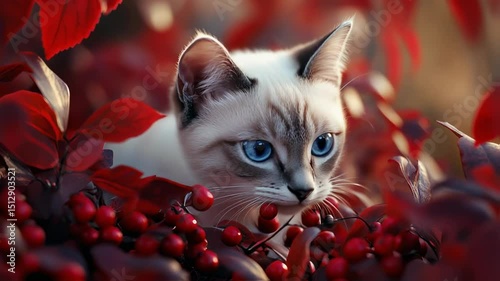 a grey cat with red leaves