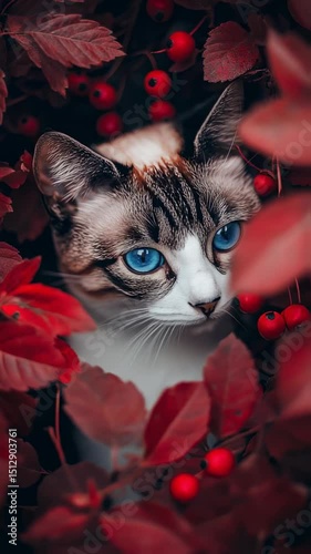 a grey cat with red leaves