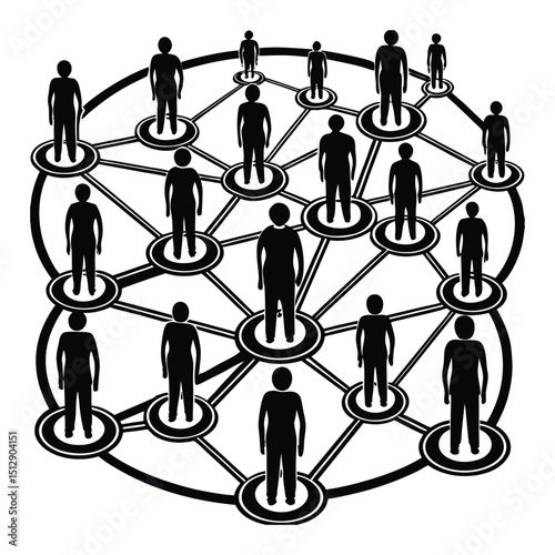 Silhouettes of people connected by lines and nodes, symbolizing a communication network where individuals interact, share information, and collaborate globally."







