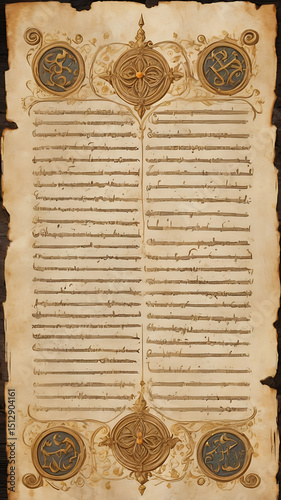 Ancient manuscript page with calligraphy, gold leaf decorations, and weathered paper texture, medieval aesthetic
