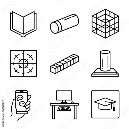 Collection of Black and White Line Icons: Book, Cylinder, Cube, Target, and More