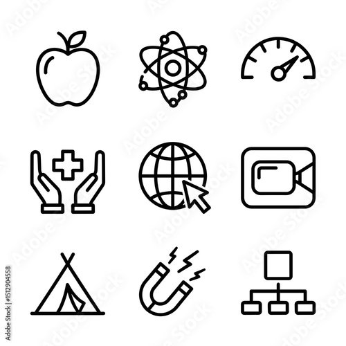 Set of Nine Minimalist Black Line Icons on White Background
