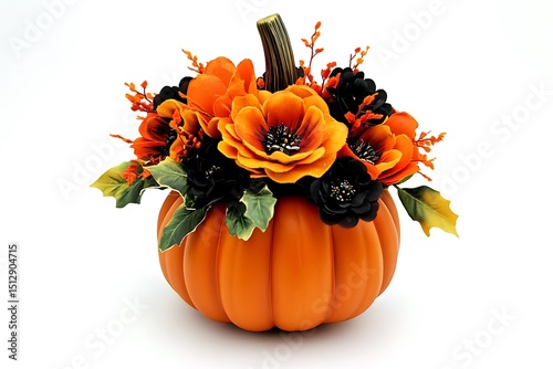 An orange pumpkin with black and orange flowers on top, on a white background, halloween decoration