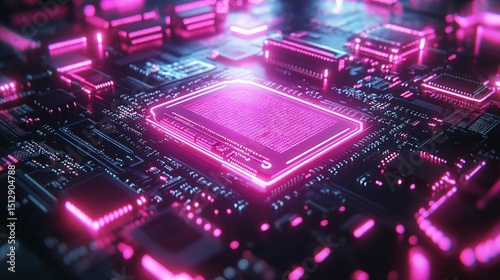 High-tech circuit board with glowing chip