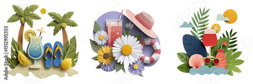 Playful summer items in paper cut style concept. Colorful tropical summer elements and drinks arranged artistically