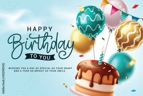 Happy birthday greeting clipart design. Birthday wishes and greeting for party invitation card with floating cake and balloons decoration elements clip art vector illustration.
