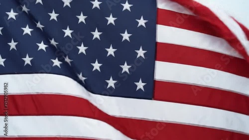 Patriotic flag billows proudly vibrant red white blue hues dynamic composition