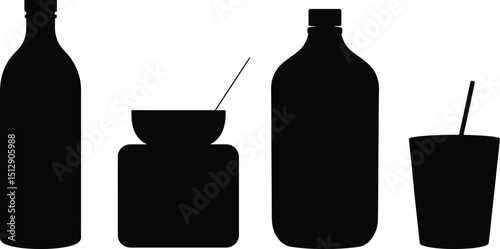 Silhouette of bottle, container, bowl, and cup with straw against a white background in a still life