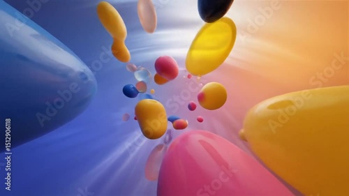 Vibrant glossy blobs float playfully through a radiant pink and blue light A dynamic abstract composition