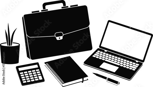 A black and white illustration of a briefcase, laptop, calculator, notebook, pen and plant on a white background