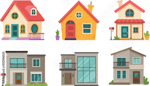 Six Unique House Illustrations Featuring Vibrant Colors, Modern Architectural Designs, and Clean Layouts for High-Resolution Adobe Stock SEO Optimization flat vector illustration