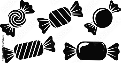 A monochrome illustration of five wrapped candies with various designs on a white isolated background