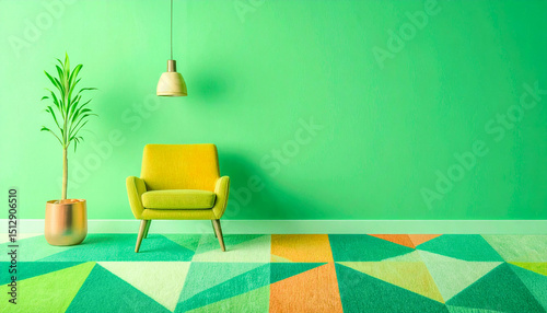 bold mid-century living room with geometric carpet and vintage chair