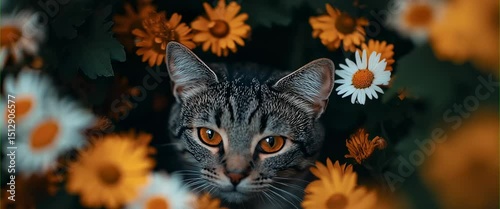 a grey cat with yellow and orange flower plant