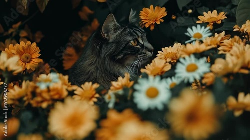 a grey cat with yellow and orange flower plant