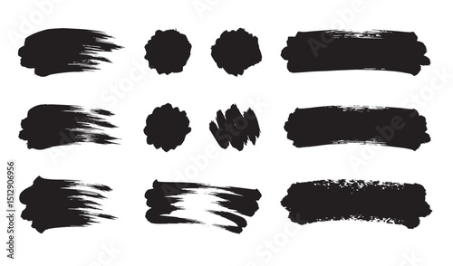 Black brush stroke silhouettes in various shapes and sizes for design elements