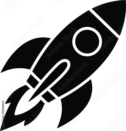 A black silhouette of a rocket ship with flames on a white background in a simple vector style