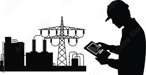 Silhouette of engineer using tablet near power plant and transmission tower on a white background