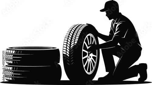 A silhouette of a mechanic kneeling next to tires in a garage with a stack of tires nearby him