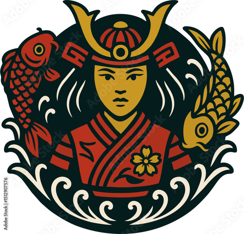 Japanese Female Samurai Vector Emblem with Koi Fish and Waves – Bold Traditional Tattoo Style