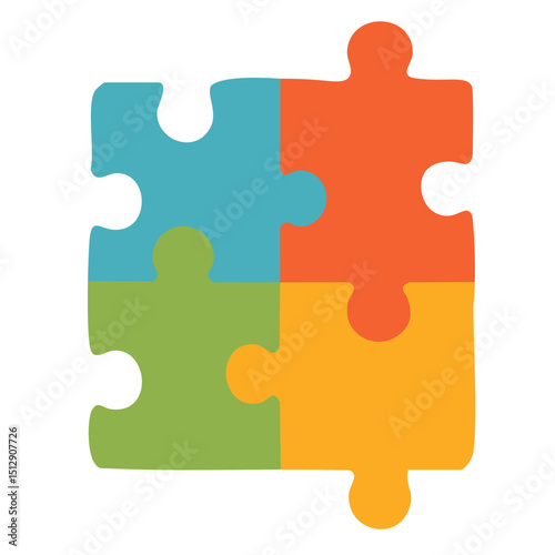Bright puzzle piece illustration with four colorful interlocking shapes in flat vector style.