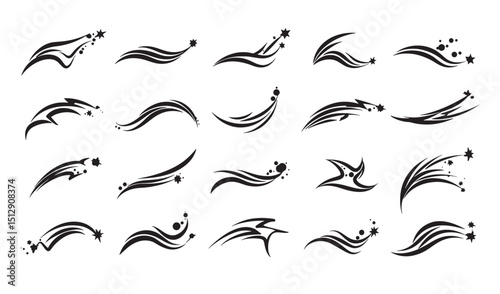 Collection of black silhouette star trail designs with various shapes and patterns for decorations