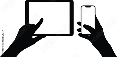 Black silhouette of hands holding a tablet and a smartphone against a white background in a studio shot