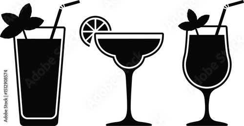 Three cocktail glasses in black silhouette with garnish and straws on a white background image