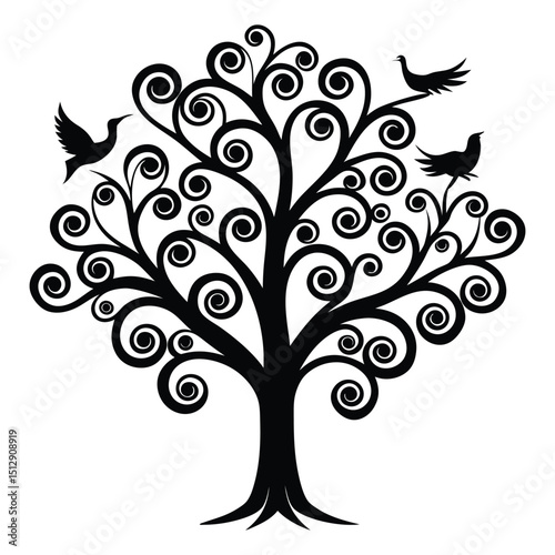Ornamental tree with elegant swirly branches adorned by delicate birds, creating a whimsical, graceful design full of movement and natural charm.
