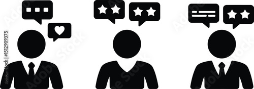 Three customer feedback icons showing different ratings and sentiments in speech bubbles above heads