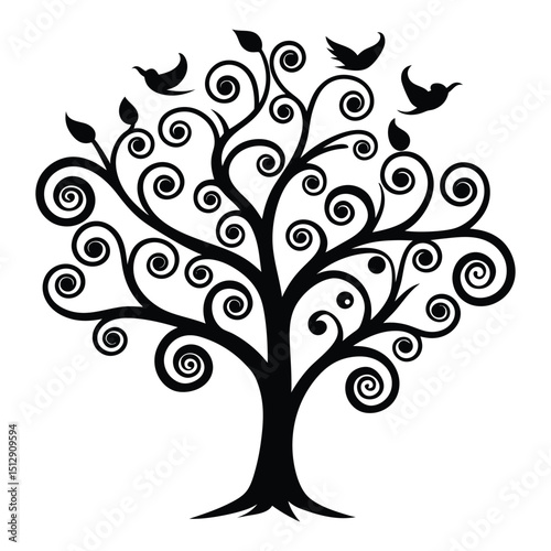 Ornamental tree with elegant swirly branches adorned by delicate birds, creating a whimsical, graceful design full of movement and natural charm.
