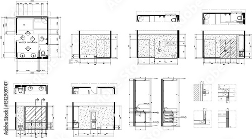Drawings, interior decorations, master bathroom, furniture layout plan, section detail, vector format.
