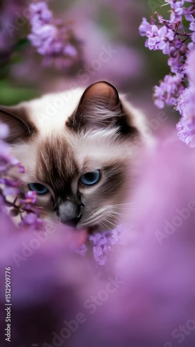 a grey cat surrrounded by purple flowers