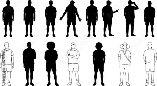 Vector silhouettes men and women, illustration. Silhouettes of young people posing in casual clothes. EPS 10 version.