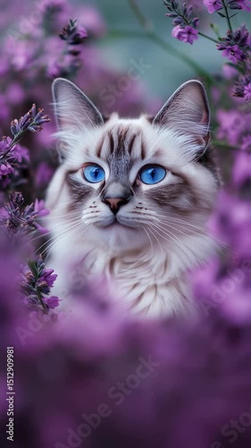 a grey cat surrrounded by purple flowers
