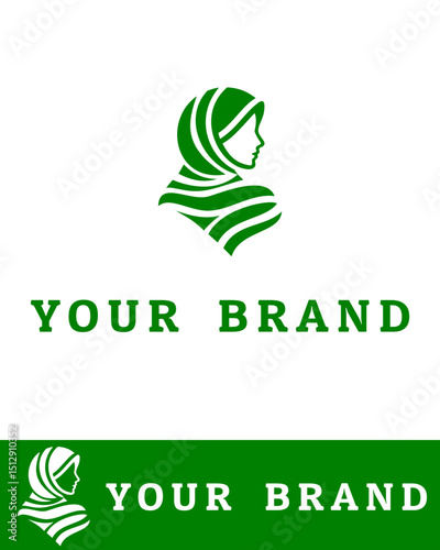 Modern and minimalist green and white logo design of a woman in a hijab profile with abstract lines