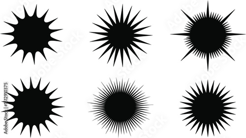 Six black spiky starburst shapes arranged in a grid pattern against a plain white background surface