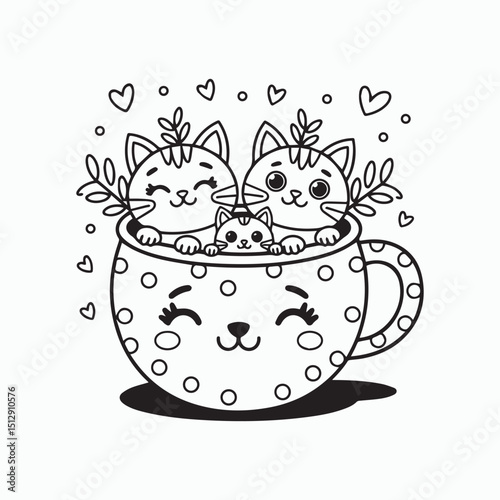 Cute Kittens in Teacup Black and White Outline Cartoon Vector Illustration