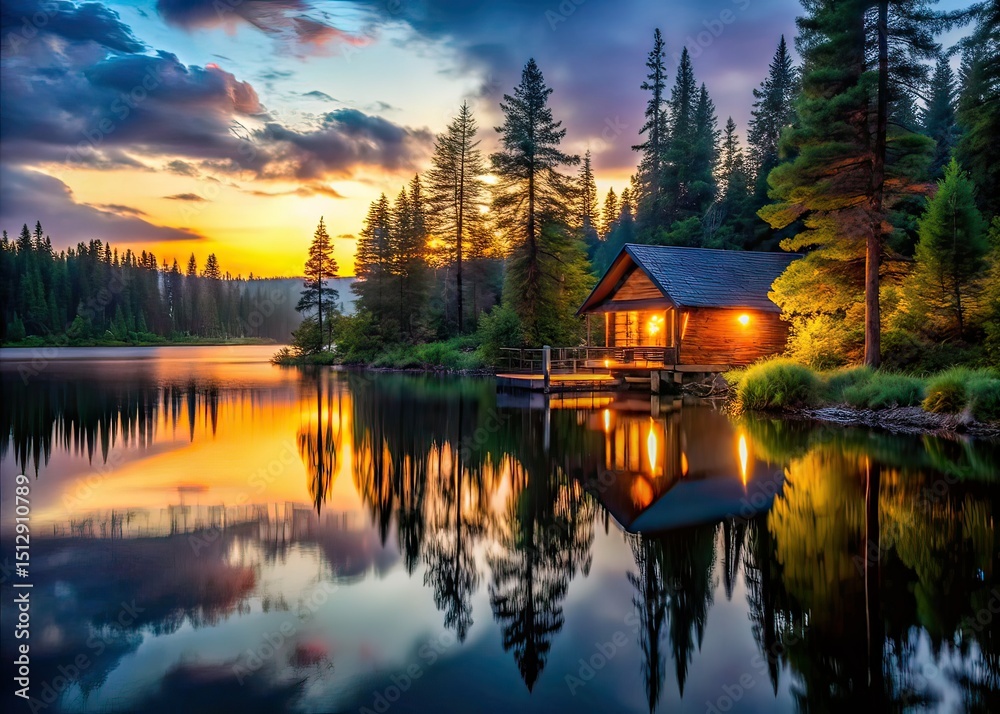 Fototapeta premium Lakeside Cabin Twilight Escape: Serene Nature Photography