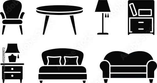 A collection of black and white furniture icons including chairs table lamps bed and bookcase design