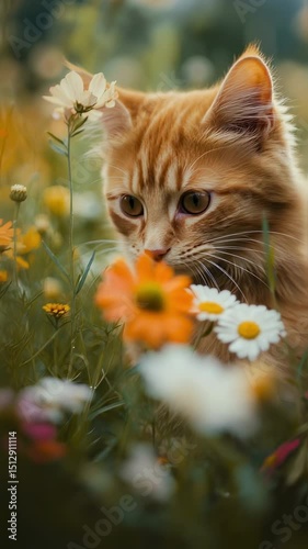 a ginger cat with colorful flowers