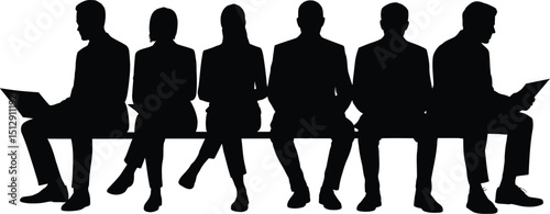 Silhouette of six people sitting on a bench with one using a laptop and another holding papers looking down