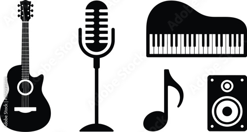 A black and white illustration featuring musical instruments and equipment in a minimalist style design
