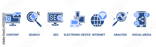 Digital marketing banner web icon vector illustration concept with icon of content, search, seo, electronic devices, internet, analysis and social media