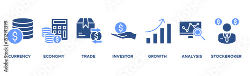 Forex banner web icon vector illustration concept with icon of currency, economy, trade, investor, growth, analysis and stockbroker