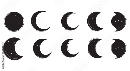 Moon phases set black and white illustration