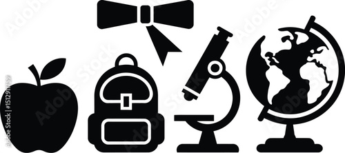 A black and white vector illustration of school supplies with apple globe and microscope items shown