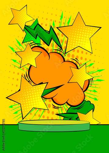 Comic Book Product podium stage for mockup presentation with Star. Retro comics background.