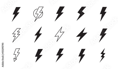 Set of minimalist black and white lightning bolt icons for design and illustration projects